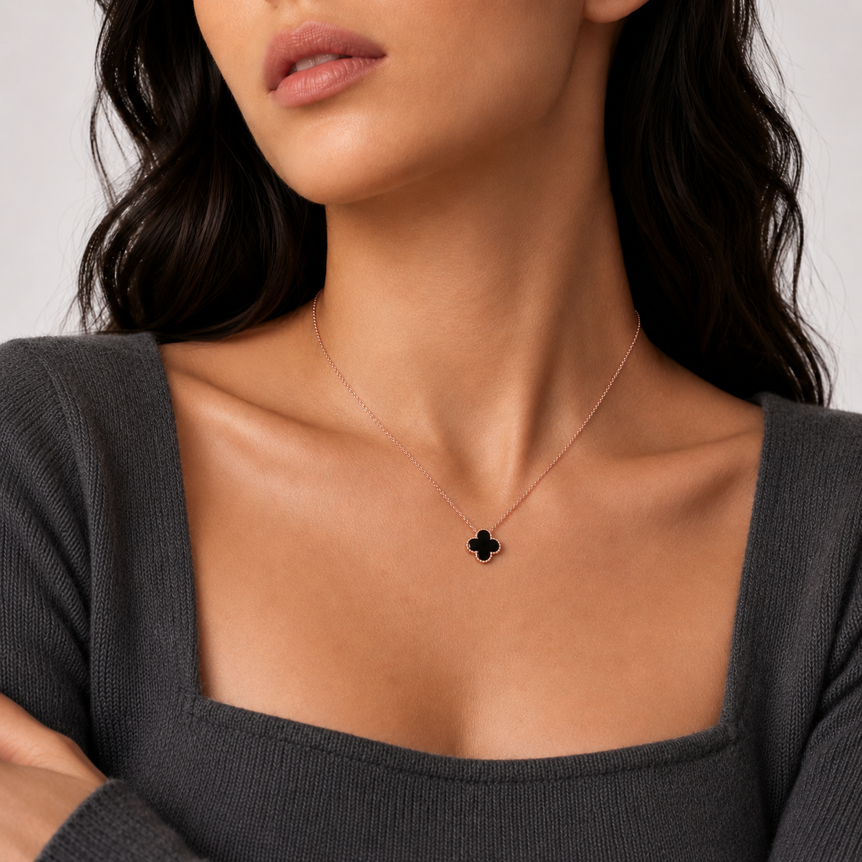Reversible Four Leaf Clover Necklace worn by model